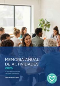 Portada de la Memoria Anual 2025 de Fundación Sorapán de Rieros con diseño corporativo en tonos azules y verdes
